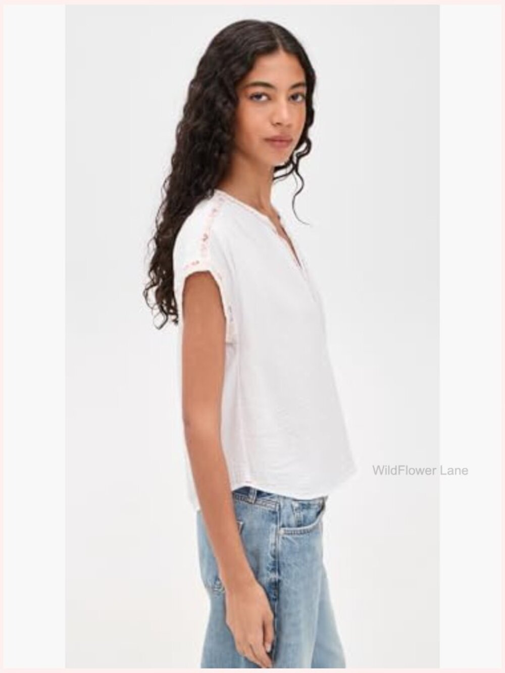 Short Cap Sleeve V-Neck Blouse - Lightweight Gauze - Picture 4 of 6